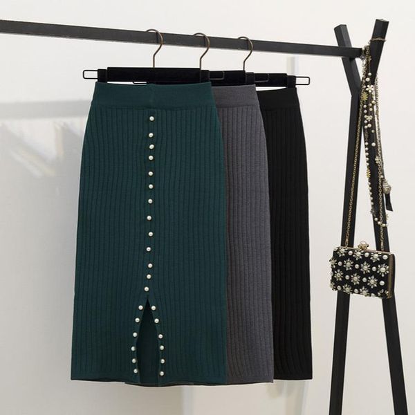 

skirts 2021 women office skirt spring autumn warm knitted black pencil ladies high waist elegant mid-long party club