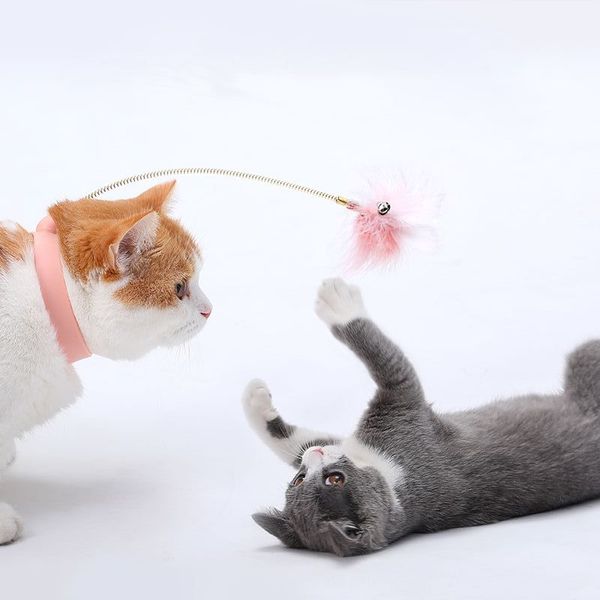 

funny spring collar cat toy stick feather cats interesting bell teaser cat toys stick collars feather kitten interactive toys, Silver