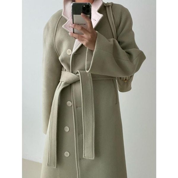 

women's wool & blends autumn winter fashion chic women woolen coats full sleeve single breasted belted thicken female outwear jacket wa, Black