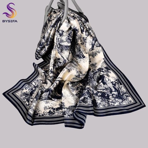 

bysifa| 2021 navy blue silk scarf printed fashion ladies all-match square scarves 90*90cm winter women pure cape, Blue;gray