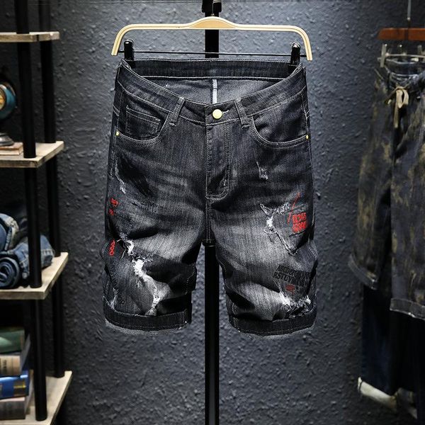 

men's jeans black graffiti print perforated denim shorts summer thin chinese pants korean trend slim micro elastic capris, Blue