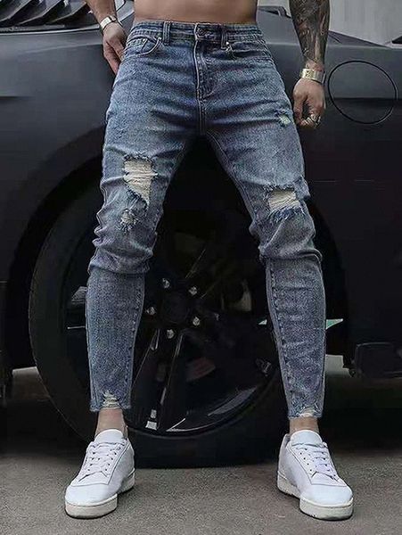 

men high waist contrast tape ripped frayed skinny jeans b3sz#, Blue