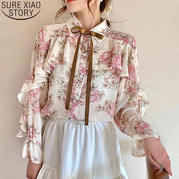 

ruffles blouses autumn puff long sleeve floral print chiffon shirts women cardigan korean ladies blusas mujer 10449 210417, White