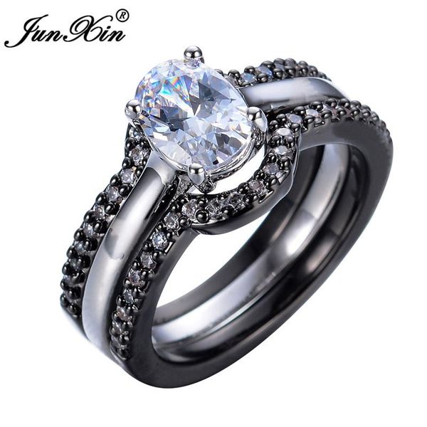 

wedding rings junxin brand 3pcs oval crystal white zircon men women engagement ring sets black gold filled jewelry gifts, Slivery;golden