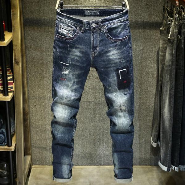 

men's jeans 2021 autumn winter trend brand retro distressed printed embroidery slim classic style youth cotton denim, Blue
