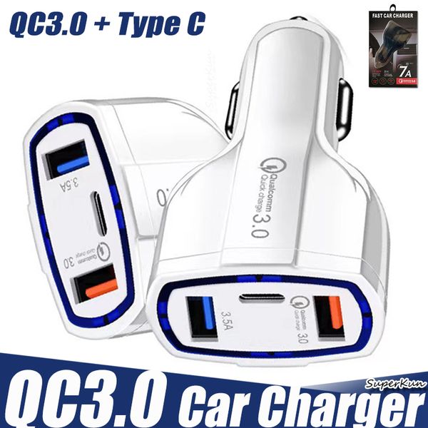 Carregador de carro rápido duplo USB QC3.0 + PD Tipo C 3.5A adaptador de carga rápida para celular com caixa de varejo