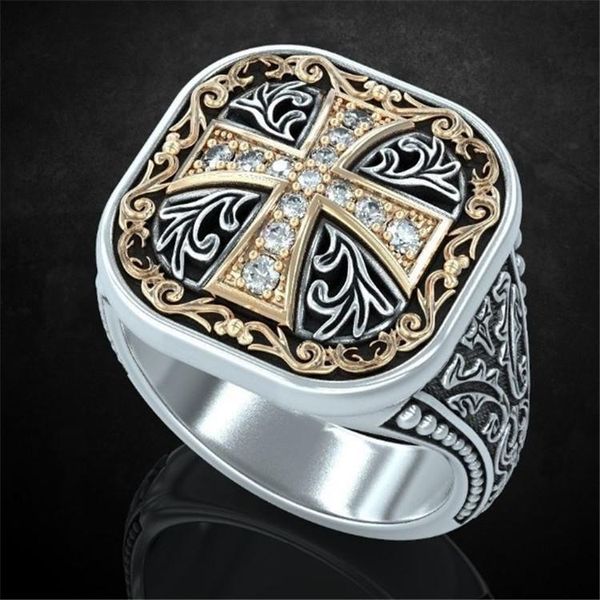 

cluster rings mens classic micro-inlaid zircon ring carved exquisite pattern motorcycle fashion gothic jewelry, Golden;silver