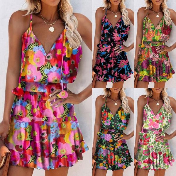 

casual dresses bohemia y2k women mini dress summer floral print sleeveless tank ruffle female party robe vestidos mujer, Black;gray