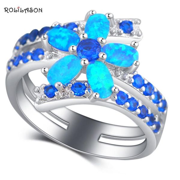 

cluster rings rolilason delicate flower design blue fire opal silver fashion jewelry wedding usa size #5#6#7#8#9#10 or879, Golden;silver