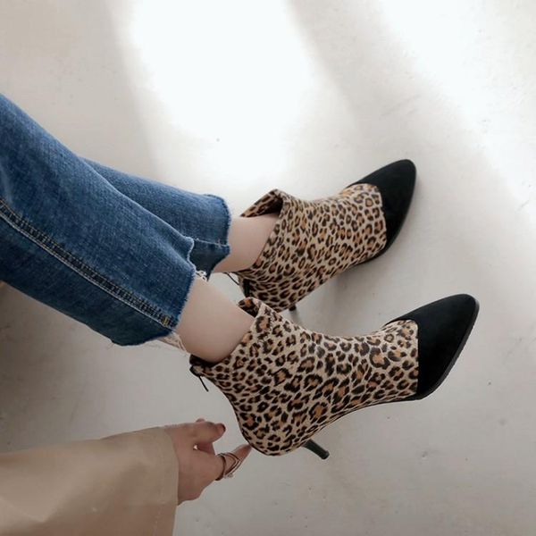 

boots pxelena leopard ankle women flock stiletto thin high heels party office lady shoes short female plus size 34-43, Black