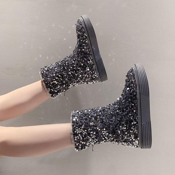 

boots 2021 winter snow women warm sequins fashion shoes round toe comfortable rubber soles, Black