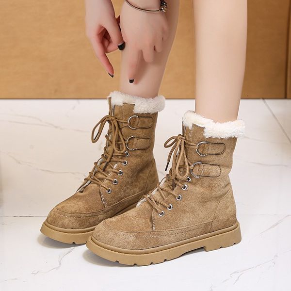 

dress shoes womens ankle boots winter warm with plush 5cm heel round toe lace up black khaki fashion for woman 35-40 35br