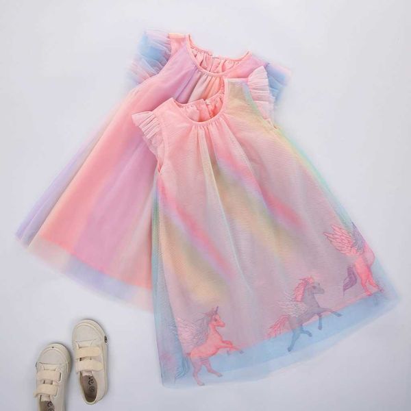 

citgeett unicorn baby girl dress mesh colourful tulle party fancy dress sundress summer cute clothing, Red;yellow