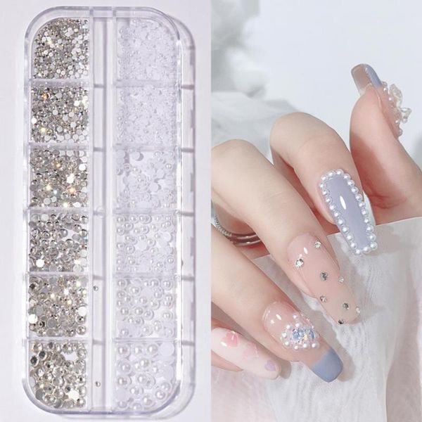 

nail art decorations 12grids/box flat back rhinestone 3d effect faux pearl style round glitters diy rhinestones decoration for manicure, Silver;gold