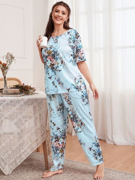 

plus floral print pajama set h6hl#, Black;white