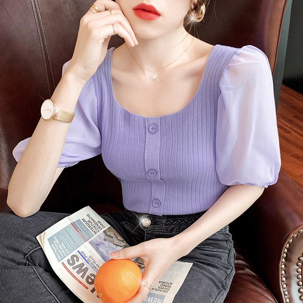 

t-shirt t-shirt women's new summer 2021 ice silk chiffon bubble square neck bottomed sleeve slim fit short top, White