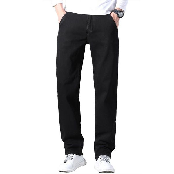 

men's jeans 2021 autumn winter straight cut more pockets loose pants leg fit male vintage business denim, Blue