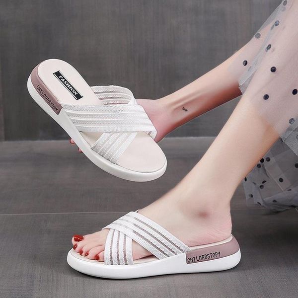 

slippers casual summer women's shoes pantofle slides med platform luxury flat 2021 pu fashion basic rubber fabric cotton, Black