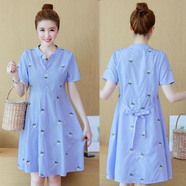 

maternity dresses summer fashion flower embroidery short sleeve clothes for pregnant women striped pregnancy clothing, White