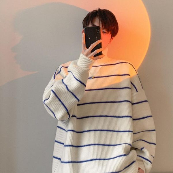 

men's sweaters winter turtleneck sweater men warm fashion casual knitted pullover korean loose striped long-sleeved mens jumper, White;black