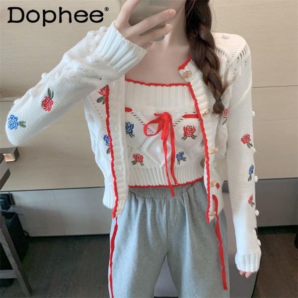 

women's knits & tees vintage embroidered flower cropped cardigan sweater base knitted vest outer wear two-piece set 2021 spring autumn, White