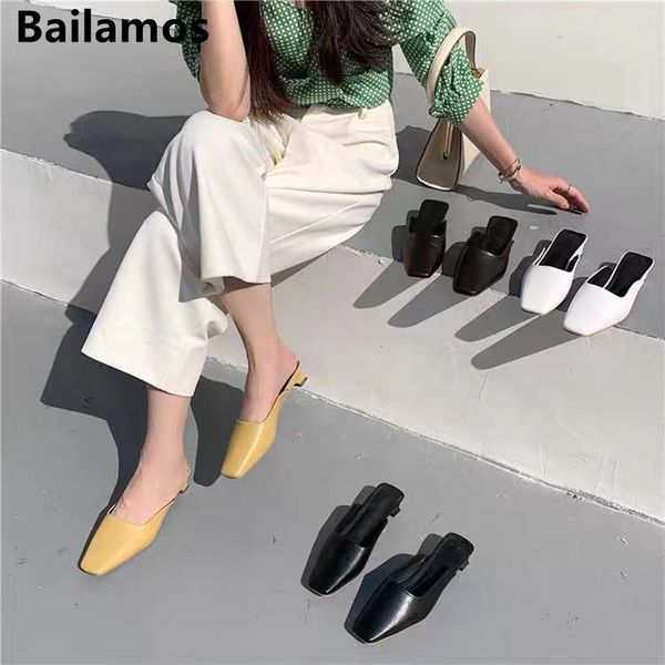 

slippers bailamos women fashion yellow/black/white/brown slip on shallow slides beach shoes square toe thick low heels 5sca