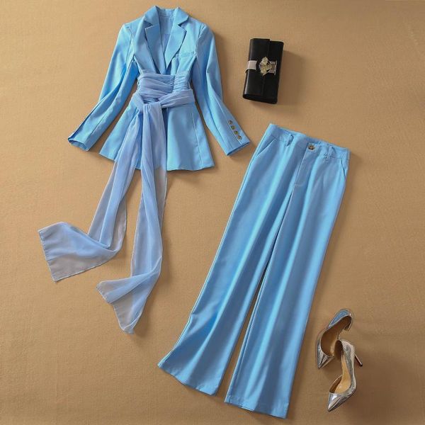 

fashion 2021 two-piece suit women's blue single breasted silk scarf tie blazer jacket and wide leg pants sets two piece, White