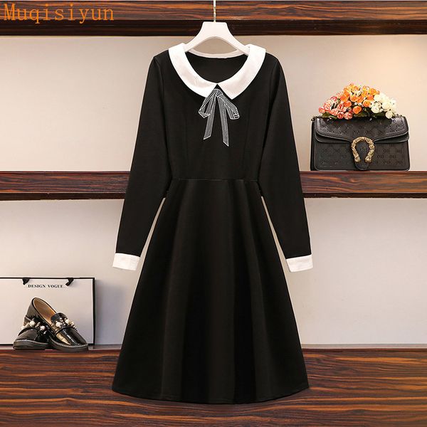 

spring autumn black dresses for women doll collar long sleeve bow casual a line female clothing 210428, Black;gray