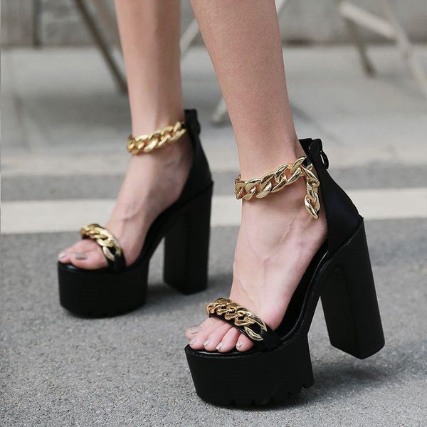 

sandals pxelena 2021 women metal chain punk gothic 14cm chunky block super high heels platform shoes nightclub catwalk dj rome, Black