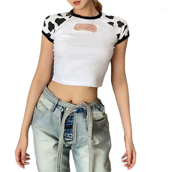 

women's t-shirt girls summer round collar t-shirt, ladies fashionable cow print raglan short sleeve midriff-baring slim base shirt, White
