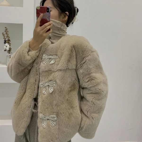 

new rabbit women's bow pearl buckle cotton thickened mink fur coat in winter, loose and warm, Black