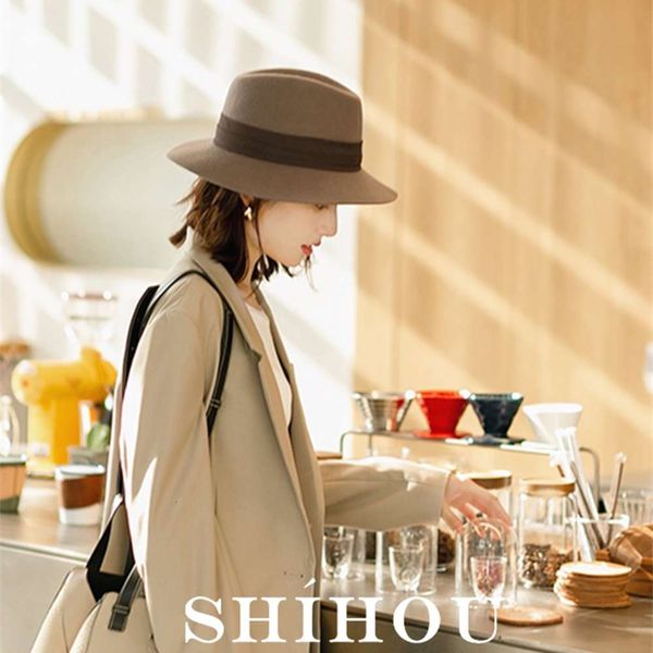 

autumn and winter woollen children's british tawny big brim korean celebrity casual wool jazz hat, Blue;gray