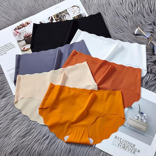 

women's panties ice silk three-sided wave cotton file girl underwear solid color breathable large size low-waist seamless plain briefs, Black;pink