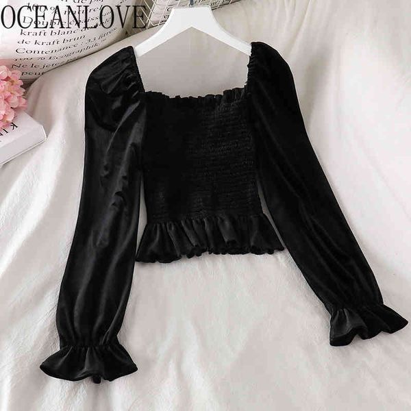 

short shirts women solid velour ruffles elegant vintage blouses black autumn slim blusas mujer 17985 210415, White