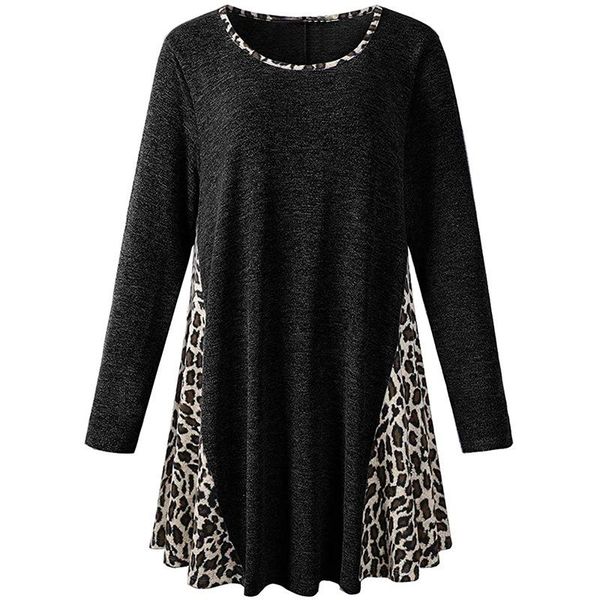 

plus size t-shirt 2021 autumn long blouse 5xl 6xl woman sleeve leopard print patchwork elegant loose oversized ladies, Black