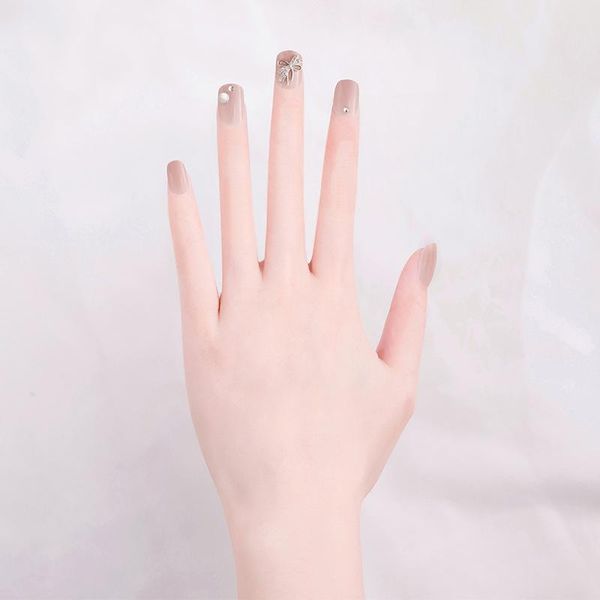 

false nails 24pcs/box fake with glue short round skin color bow nail sticker finished artificial design diamond press on to, Red;gold