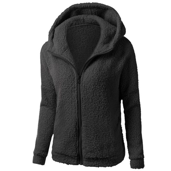 

women's fur & faux autumn winter hooded coat women casual warm soft zipper jacket plush overcoat pocket plus size teddy female 6, Black