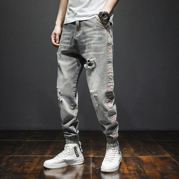 

men's jeans spring 2021 fashion street casual korean style trendy torn gray pants with feet students harem, Blue