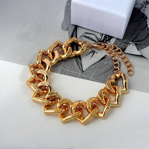 

link, chain trendy heart shaped link bracelets for women gold silver color chunky thick metal punk hip hop jewelry gifts, Black