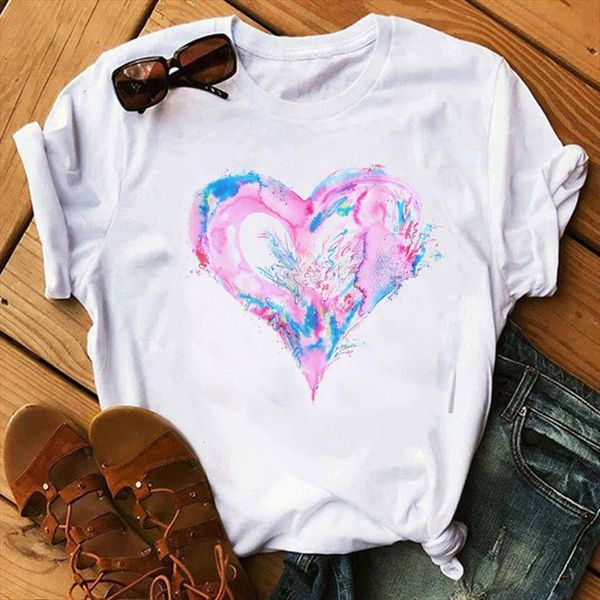 

90s pink heart print women t shirts colorful kawaii tee love ladies cute graphic, White
