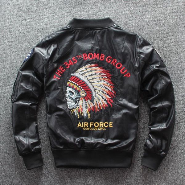 

men's leather & faux genuine jacket skull embroidery bomber biker tough guy spring autumn cowhide male coats pilot real, Black