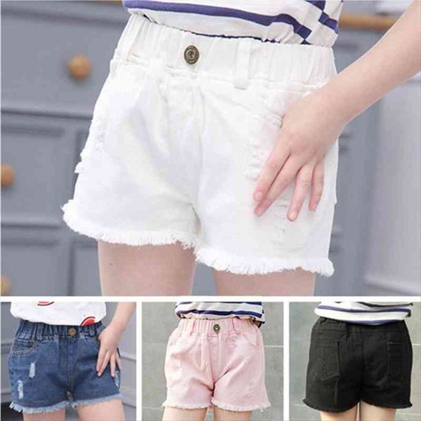 

girls jeans shorts children clothes baby girl white pink solid ripped denim pants toddler korean casual pockets cotton short, Black