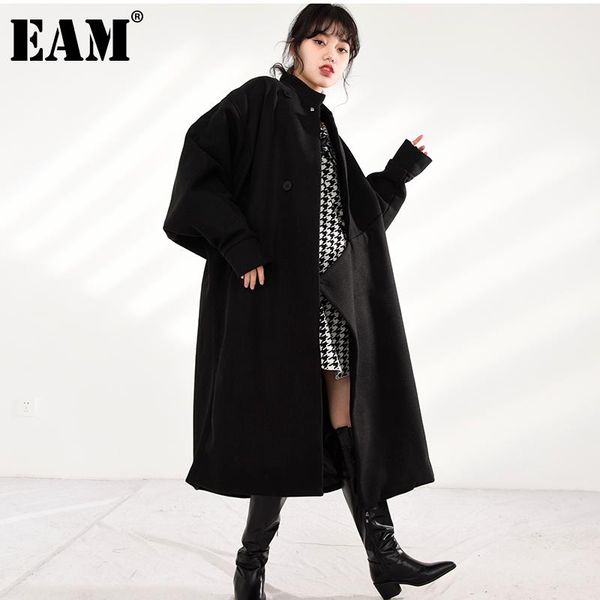 

women's wool & blends [eam] loose asymmetry irregular oversized woolen coat parkas long sleeve women fashion tide autumn winter 2021 1d, Black