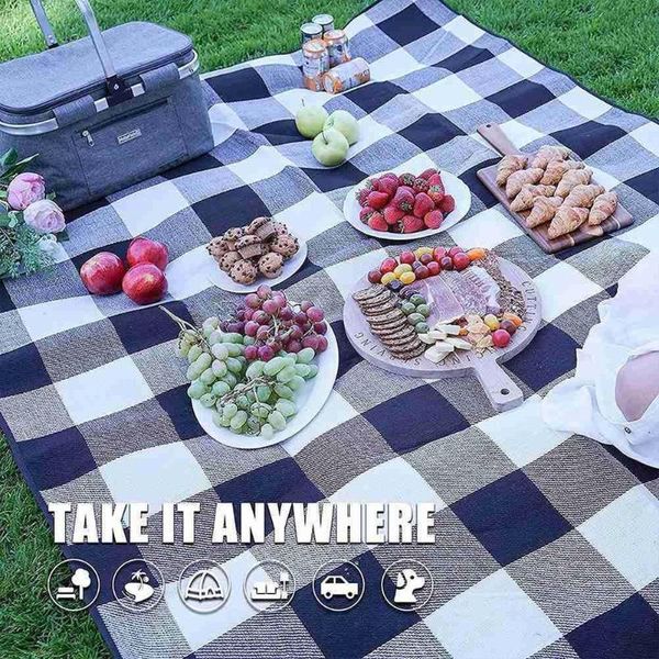 

outdoor pads portable camping mat blanket foldable blue grid waterproof beach picnic strap hiking with p9x9