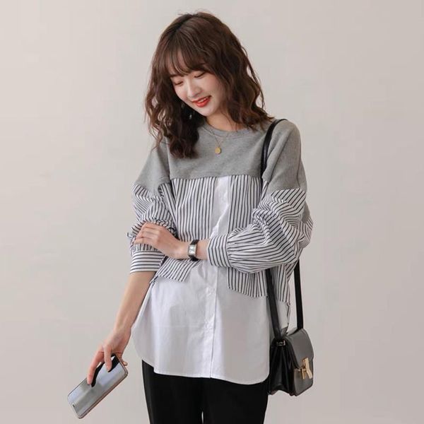 

women's polos autumn 2021 round neck fake two retro stripe splicing loose casual blouse korean fashion temperament simplicity, White