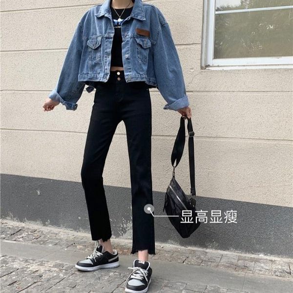 

women's jeans black straight for women 2021 spring and autumn double buckle high waist elastic slim fit -cut ankle-length, Blue