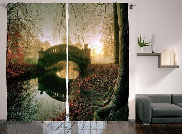 

curtain & drapes landscape curtains mystical stone bridge on blurred river with foggy autumn forest living room bedroom window paprika