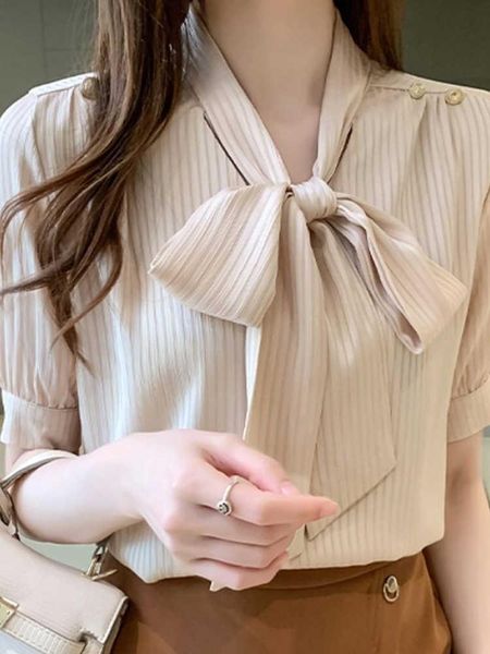 

women's blouses & shirts 2021 summer elegant bow v-neck chiffon casual fashion vertical stripe shirt, White