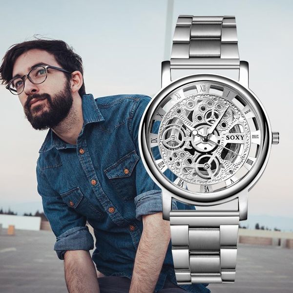 

wristwatches brand soxy watch silver luxury hollow steel watches men women hombre quartz wrist clock retro relogioes, Slivery;brown