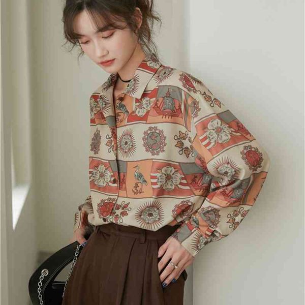 

women's blouses & shirts vintage long sleeve print button up collar retro women and blouse loose oversized 4say, White